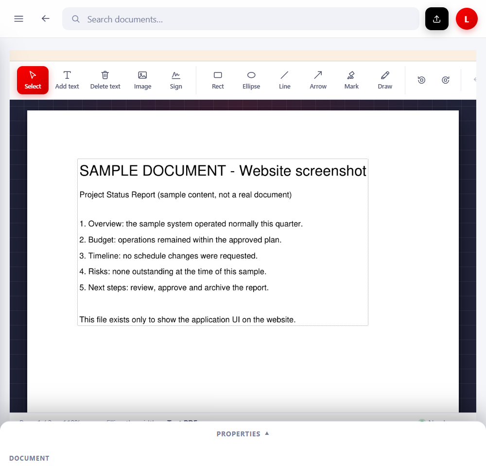 Irfan PDF editor open on a document with the object toolbar and properties panel